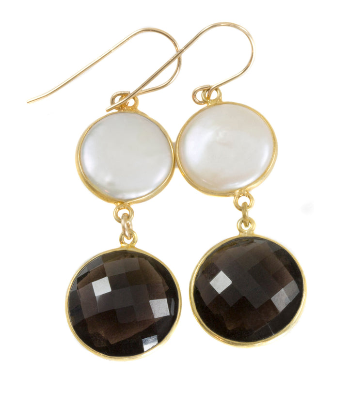 Smoky Quartz Button Pearl Earrings Large Bezel Round 14k Solid Gold or Filled White Freshwater Cult Pearls Classic Simple Drops 2 Inch