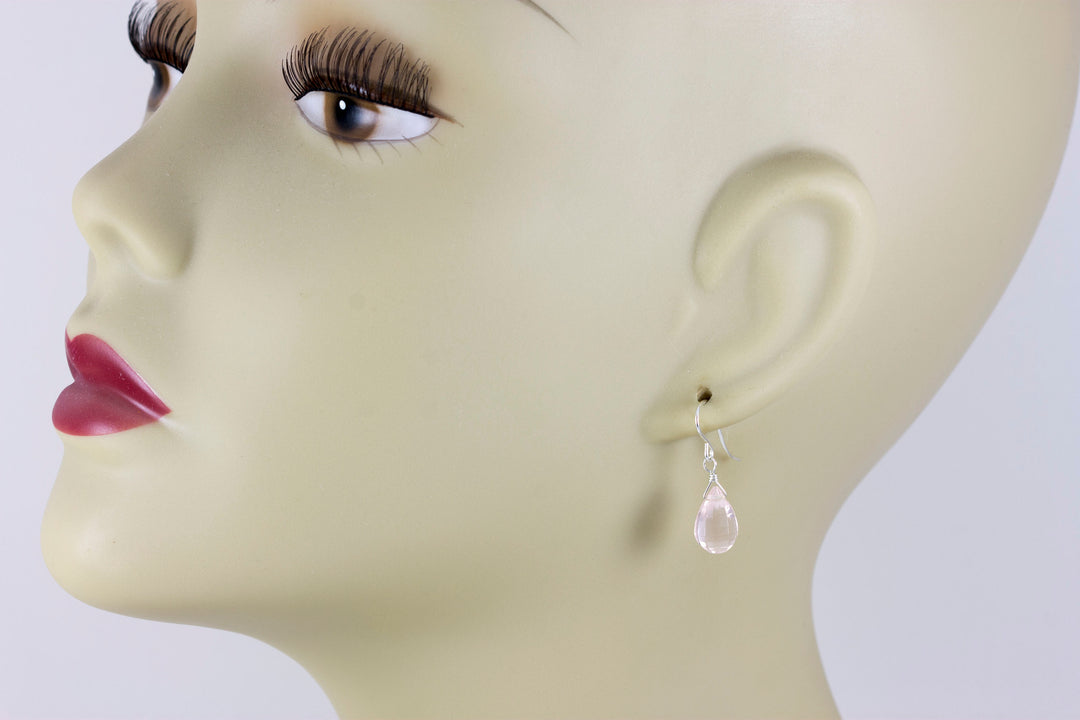 Rose Quartz Earrings Soft Pink Briolette Faceted Teardrop Dangle 14k solid gold or Sterling Silver or 14k Gold Filled Small Dainty Drops