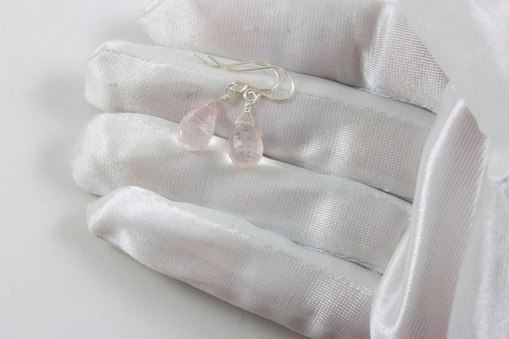 Rose Quartz Earrings Soft Pink Briolette Faceted Teardrop Dangle 14k solid gold or Sterling Silver or 14k Gold Filled Small Dainty Drops