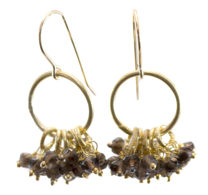 Smokey Quartz Earrings Natural Smoky Clusters Drops 14k solid gold or filled Faceted Multiple Stones Grouped Dangles Clustered Loops