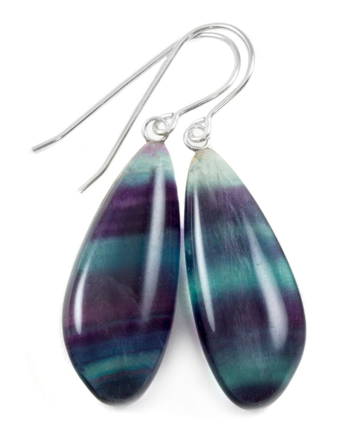 Fluorite Earrings Smooth Teardrop 14k solid gold or filled or Sterling silver Flourite Natural Purple Green Teal Striped Curved Cut Drops