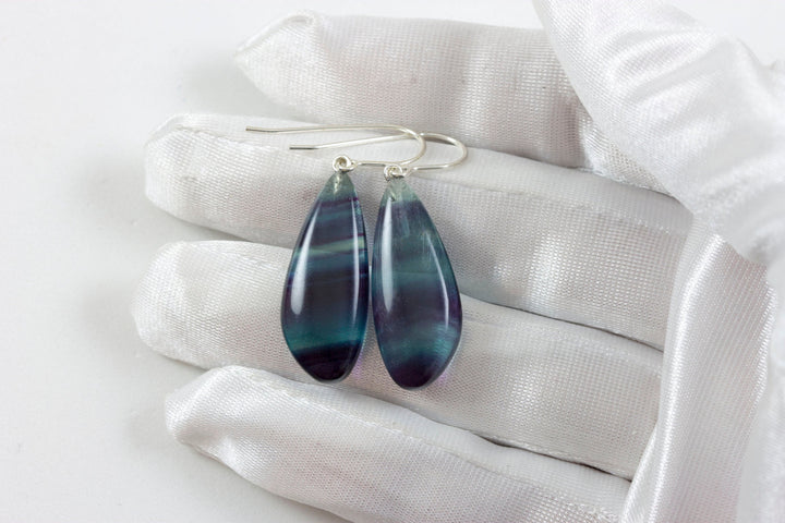 Fluorite Earrings Smooth Teardrop 14k solid gold or filled or Sterling silver Flourite Natural Purple Green Teal Striped Curved Cut Drops