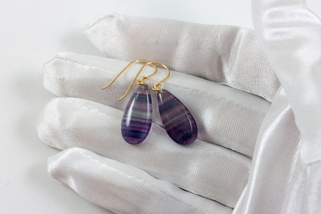 Fluorite Earrings Smooth Teardrop 14k solid gold or filled or Sterling silver Flourite Natural Purple Lavender Teal Striped Curved Cut Drops
