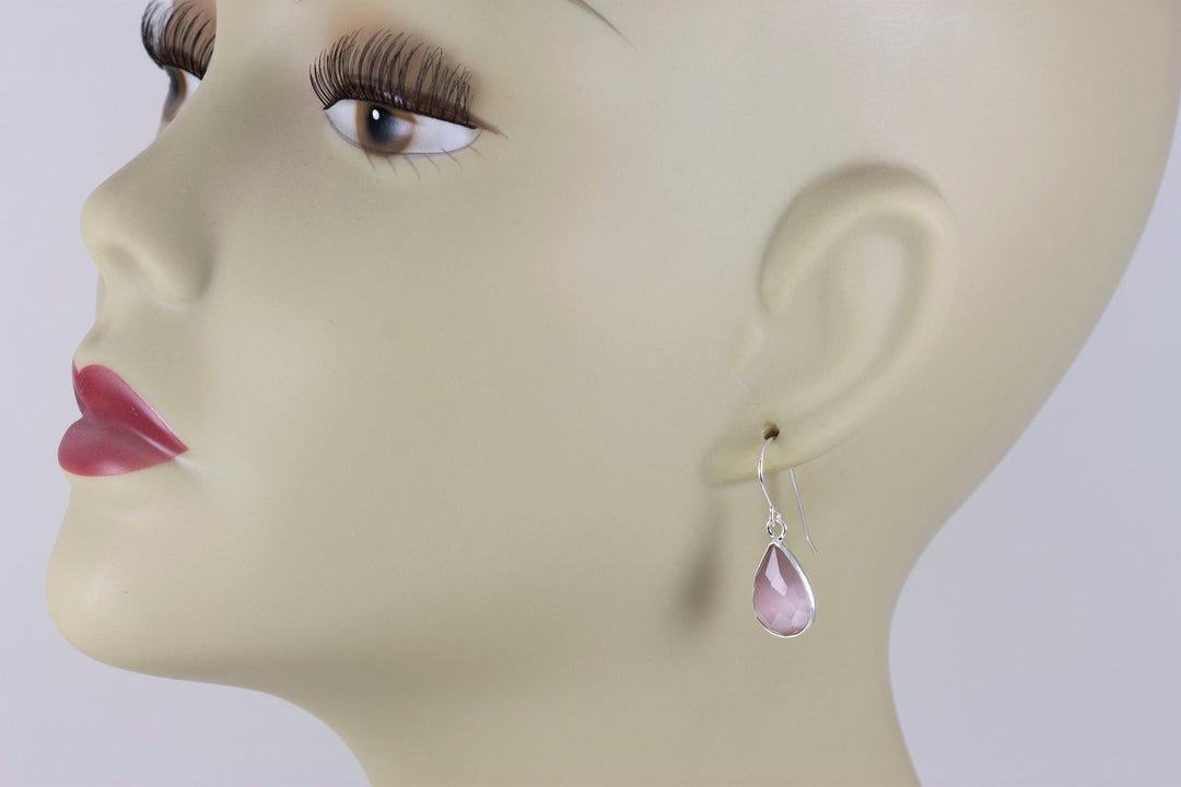 Cat's Eye Earrings Pink Faceted Teardrop 14k gold filled or Sterling silver Bezel Setting Soft Earthy color Simple Drops