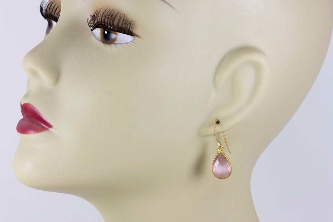 Cat's Eye Earrings Pink Faceted Teardrop 14k gold filled or Sterling silver Bezel Setting Soft Earthy color Simple Drops