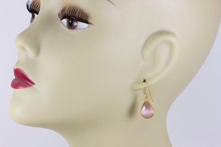 Cat's Eye Earrings Pink Faceted Teardrop 14k gold filled or Sterling silver Bezel Setting Soft Earthy color Simple Drops