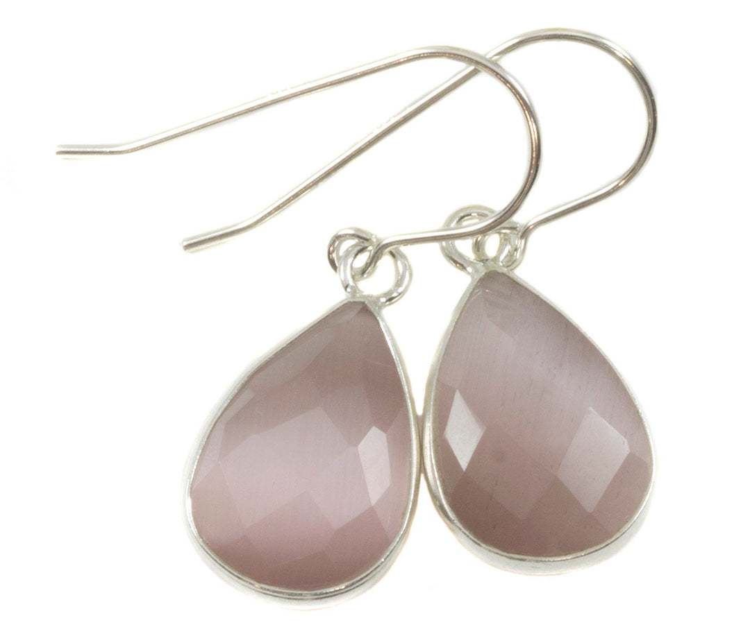 Cat's Eye Earrings Pink Faceted Teardrop 14k gold filled or Sterling silver Bezel Setting Soft Earthy color Simple Drops