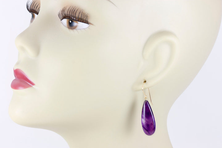 Purple Amethyst Earrings Smooth Pear Natural 14k Solid Gold or Filled or Sterling Silver Teardrop Rich Deep Purple Large Long