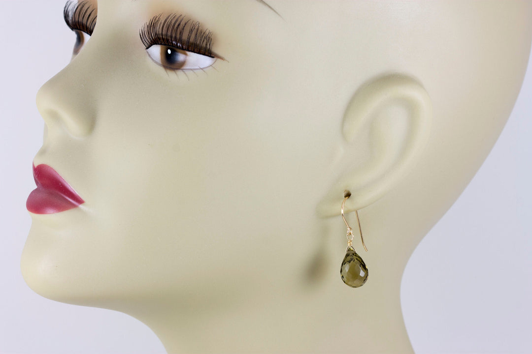 Green Olive Quartz Earrings Teardrop Fat Rounded Briolette Natural Smokey Drops 14k Solid Gold or 14k Gold Filled or Sterling Silver Faceted