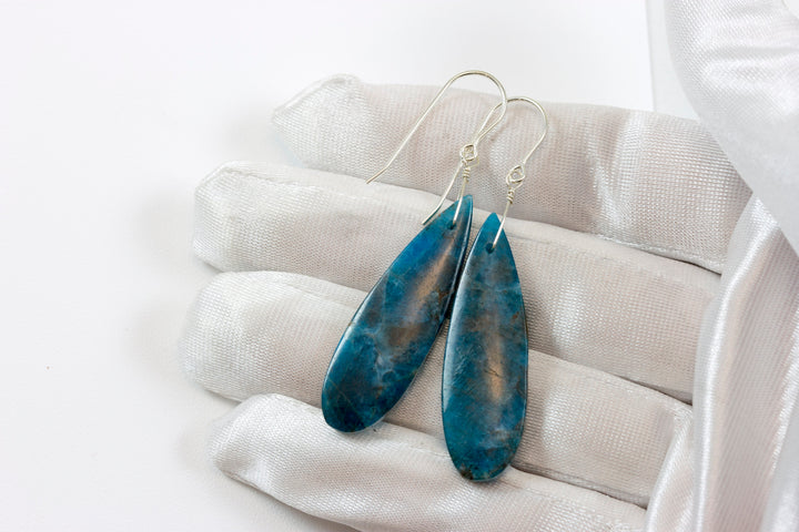 Blue Apatite Earrings 14k solid gold or filled or Sterling Silver Smooth Long Dangle Drops Natural Unique Deep blue Simple Drops 2.3 In