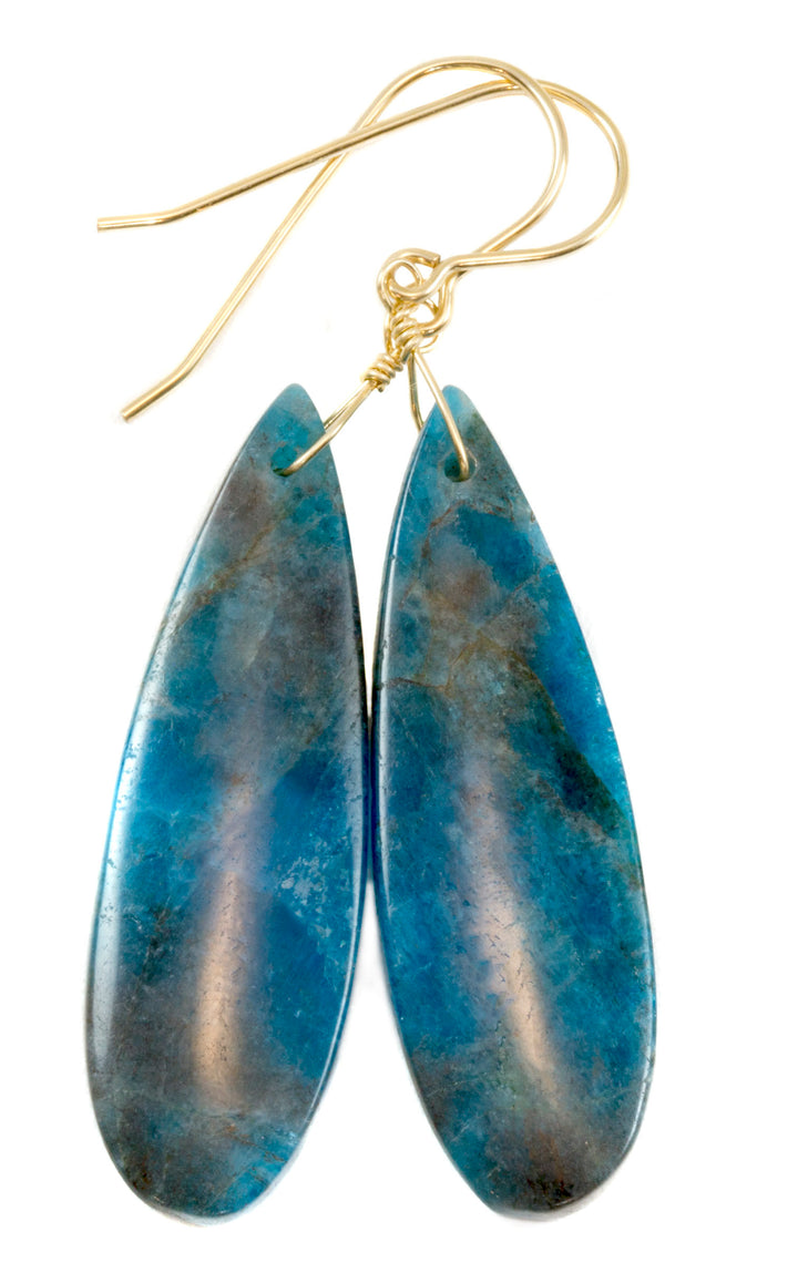 Blue Apatite Earrings 14k solid gold or filled or Sterling Silver Smooth Long Dangle Drops Natural Unique Deep blue Simple Drops 2.3 In