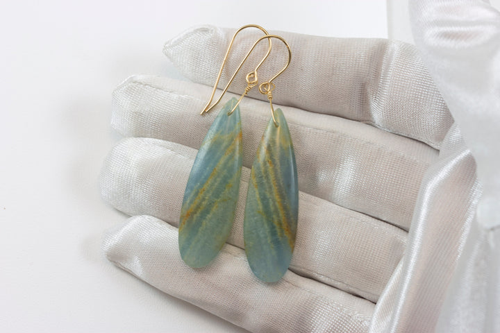 Blue Aqua Calcite Earrings 14k solid gold or filled or Sterling Silver Smooth Long Dangle Drops Natural Banding Soft blue Simple Drop 2.3 In