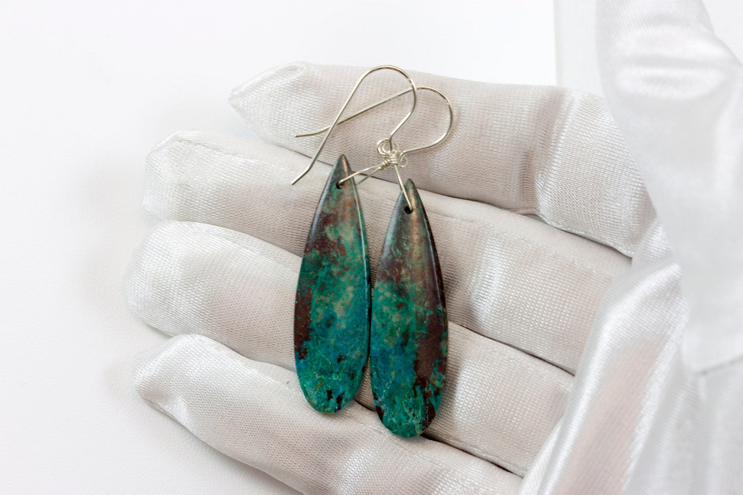 Blue Chrysocolla Earrings 14k solid gold or filled or Sterling Silver Smooth Long Dangle Drops Natural Unique Deep blue Simple Drops 2.3 In