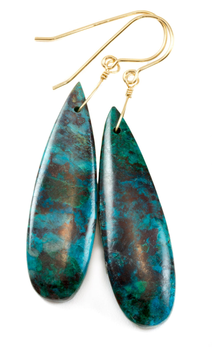 Blue Chrysocolla Earrings 14k solid gold or filled or Sterling Silver Smooth Long Dangle Drops Natural Unique Deep blue Simple Drops 2.3 In