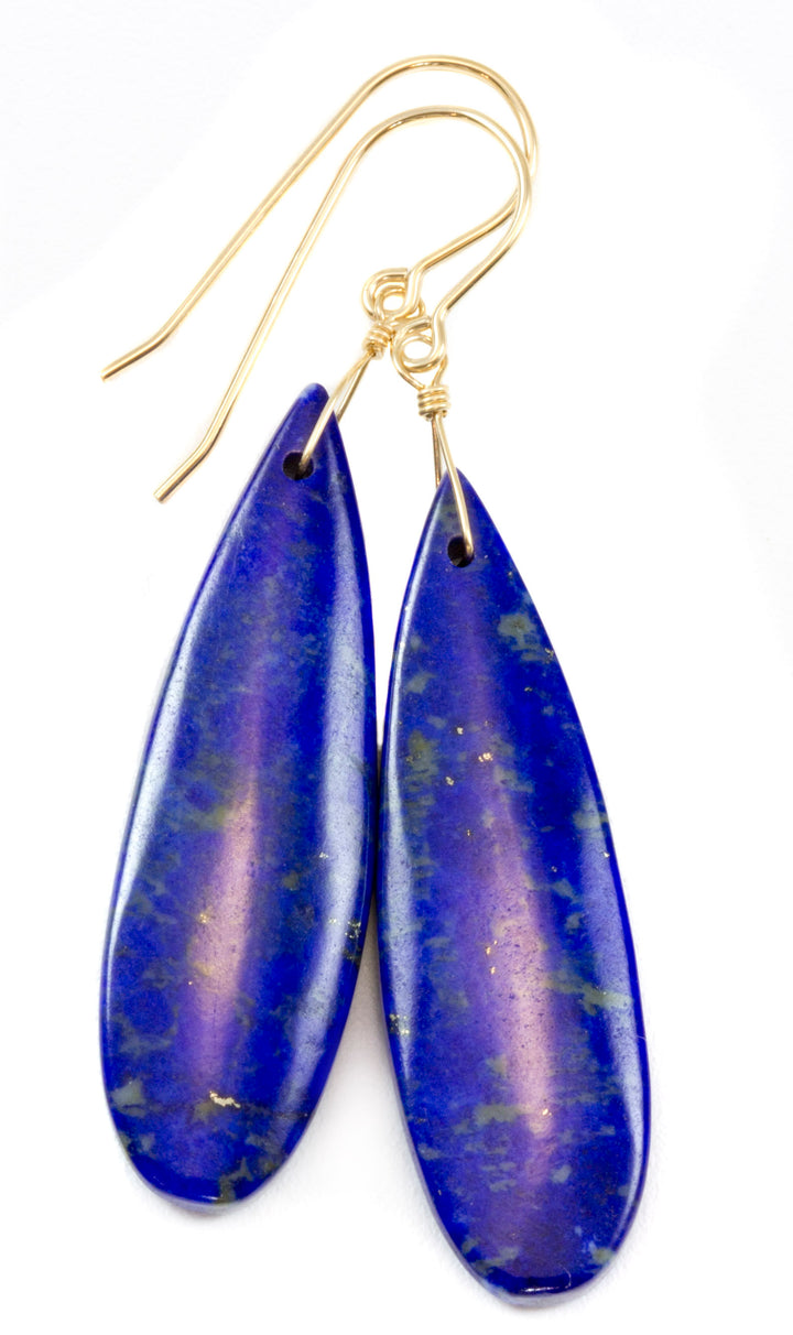 Lapis Lazuli Earrings Blue Pyrite Flecks 14k solid gold or filled or Sterling Silver Smooth Long Dangle Natural Simple Drops 2.3 In