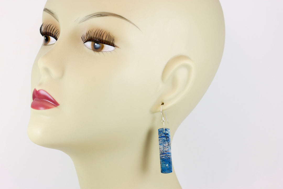 Azurite Earrings Lightning Blue Marbled Striped 14k solid gold or filled or Sterling Silver Smooth Long Rectangle Natural Matte Drops 2.3 In