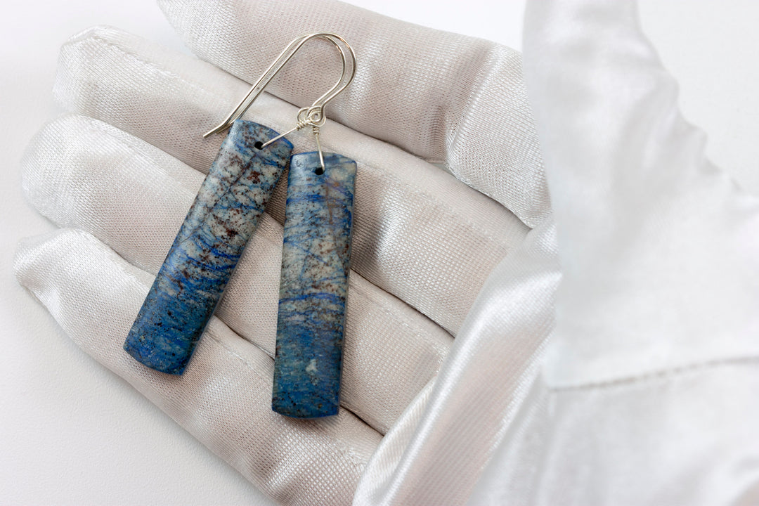 Azurite Earrings Lightning Blue Marbled Striped 14k solid gold or filled or Sterling Silver Smooth Long Rectangle Natural Matte Drops 2.3 In