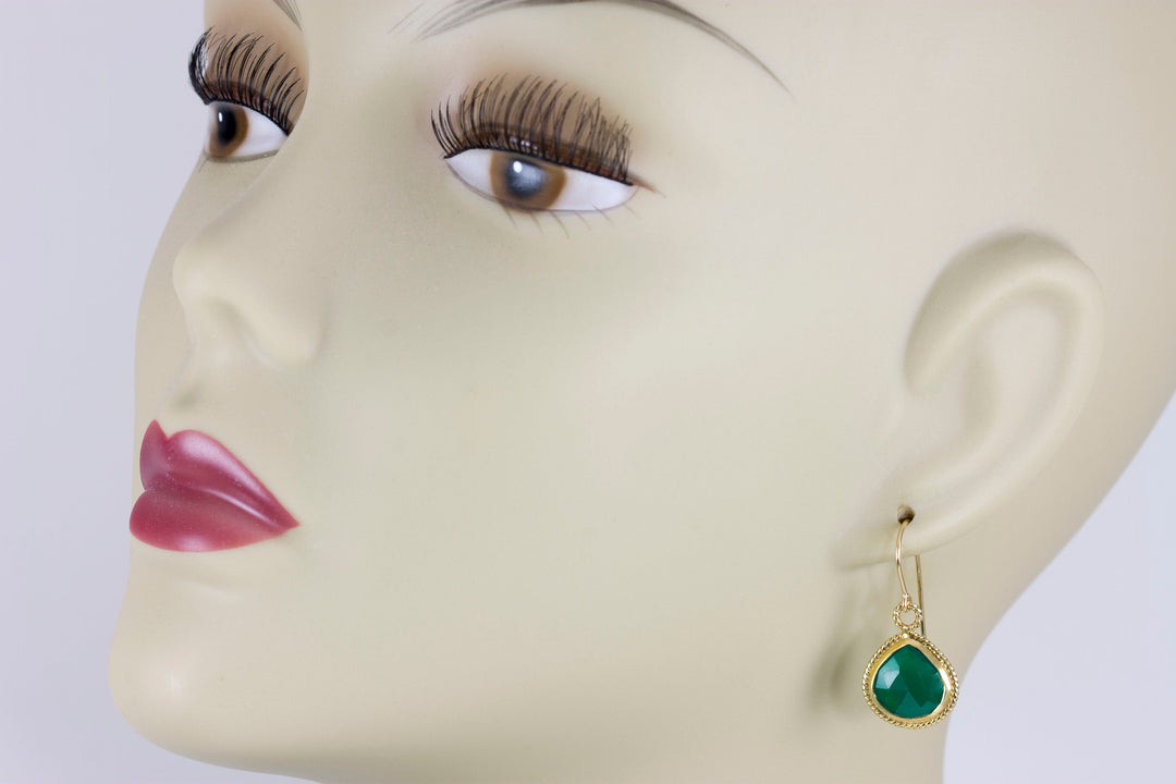 Green Onyx Earrings Natural Fancy Bezel Pear Teardrop Shape 14k solid yellow gold or filled Simple Classic Drops 1 Inch Heart Shaped Drops