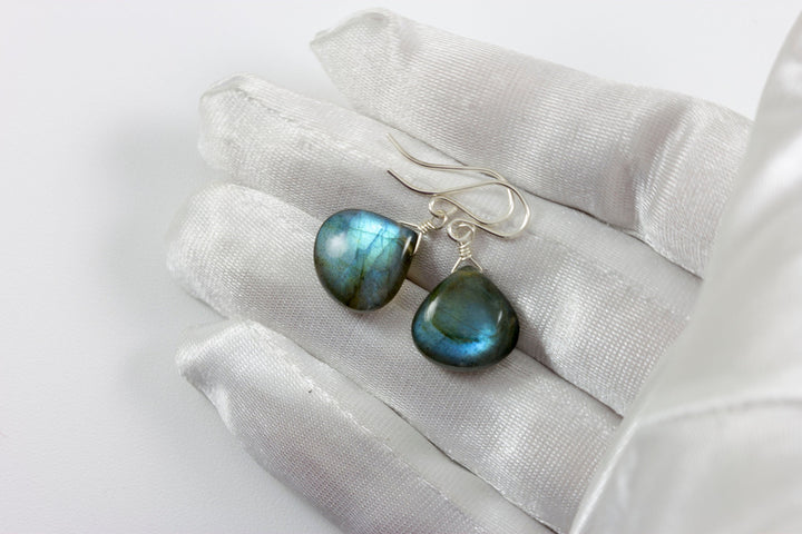 Labradorite  Earrings Sterling Silver or 14k Solid Gold or Filled  Smooth Heart Teardrop AAA Blue Flash Pear Shape Natural Drops