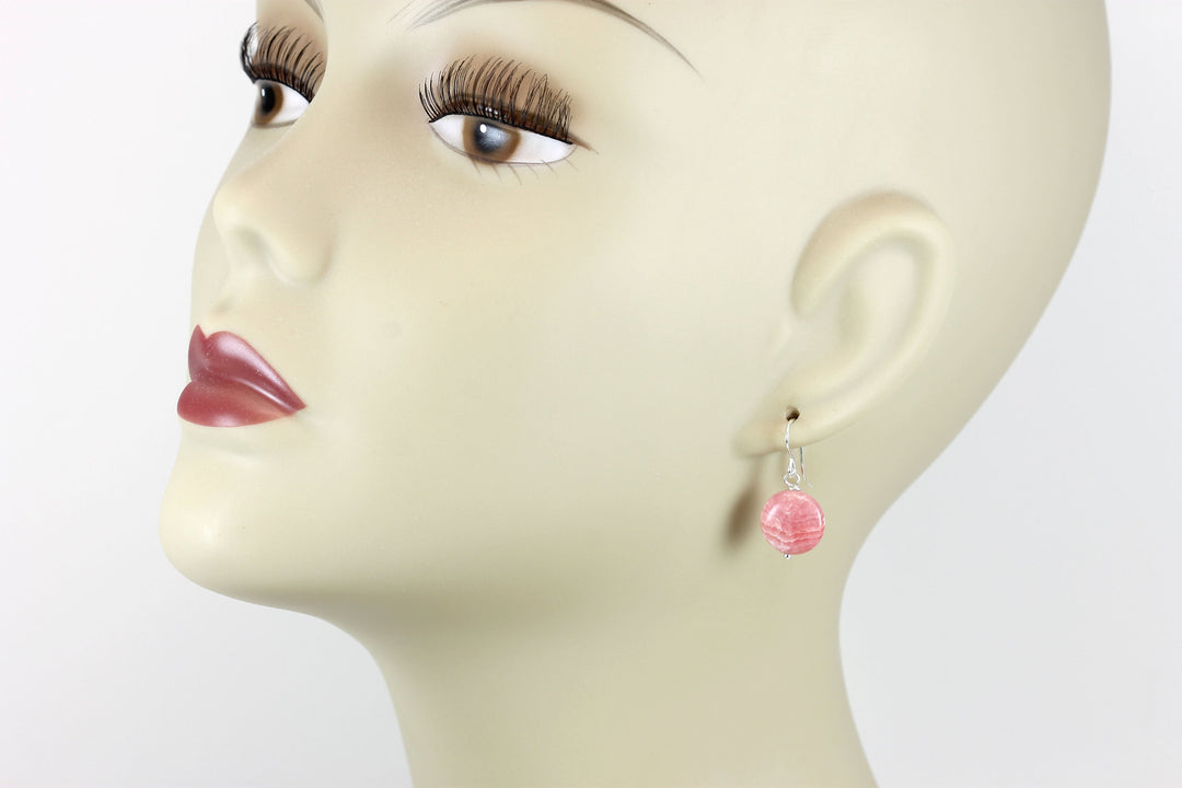 Pink Rhodochrosite Earrings Smooth Natural Round Button Dainty Sterling Silver or 14k Solid Gold or Filled Natural Earthy Pink Simple Drop