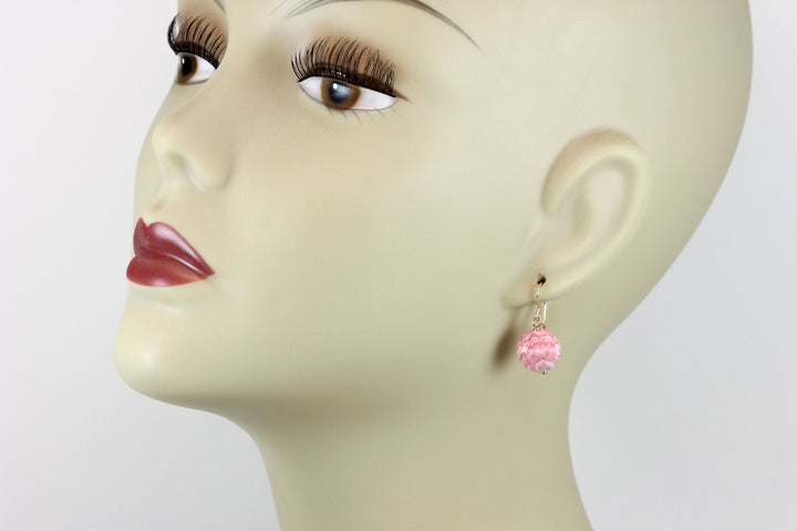 Pink Rhodochrosite Earrings Smooth Natural Round Button Dainty Sterling Silver or 14k Solid Gold or Filled Natural Earthy Pink Simple Drop