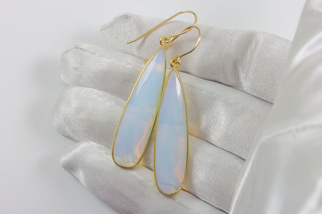 Opalite Earrings Faceted Long Pear Shaped Bezeled Teardrops 14k Solid Gold or Filled or Sterling Silver iridescent colors simple drops