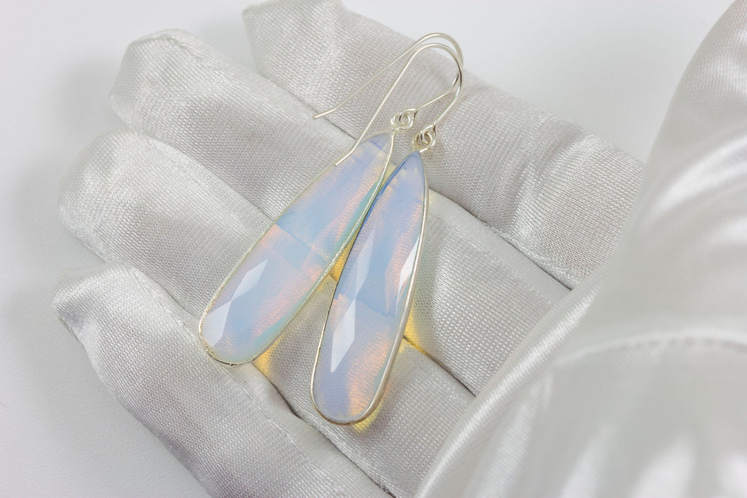 Opalite Earrings Faceted Long Pear Shaped Bezeled Teardrops 14k Solid Gold or Filled or Sterling Silver iridescent colors simple drops