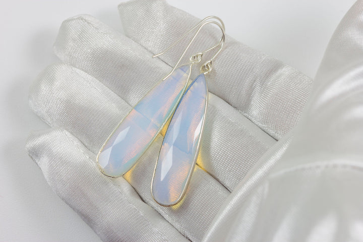 Opalite Earrings Faceted Long Pear Shaped Bezeled Teardrops 14k Solid Gold or Filled or Sterling Silver iridescent colors simple drops
