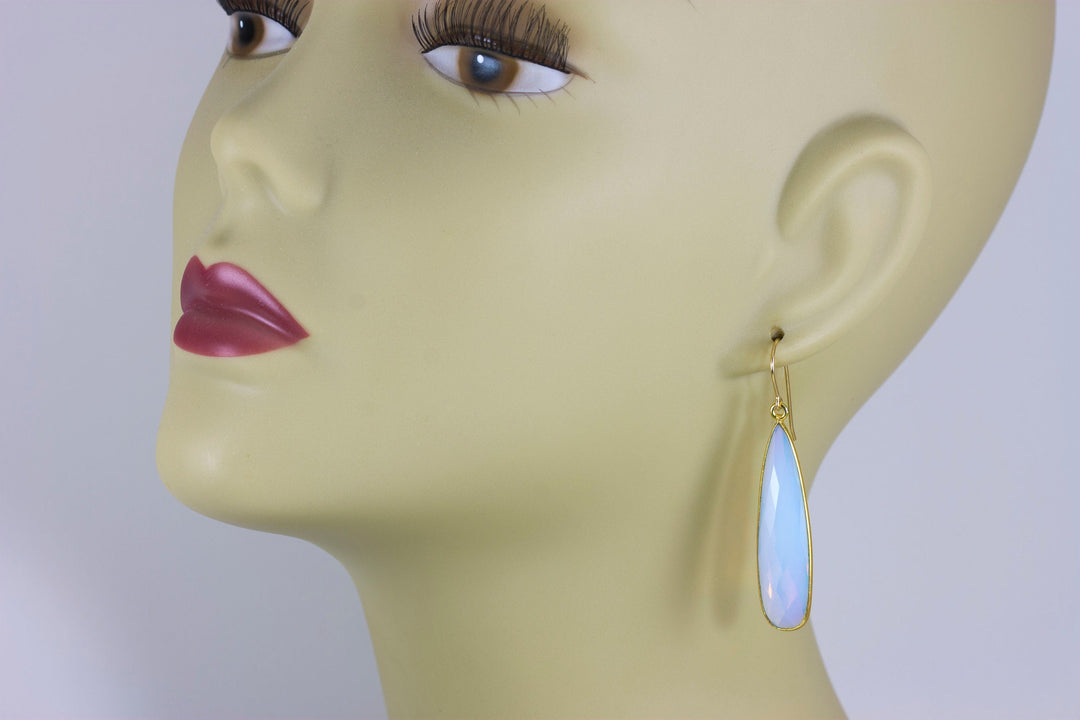 Opalite Earrings Faceted Long Pear Shaped Bezeled Teardrops 14k Solid Gold or Filled or Sterling Silver iridescent colors simple drops