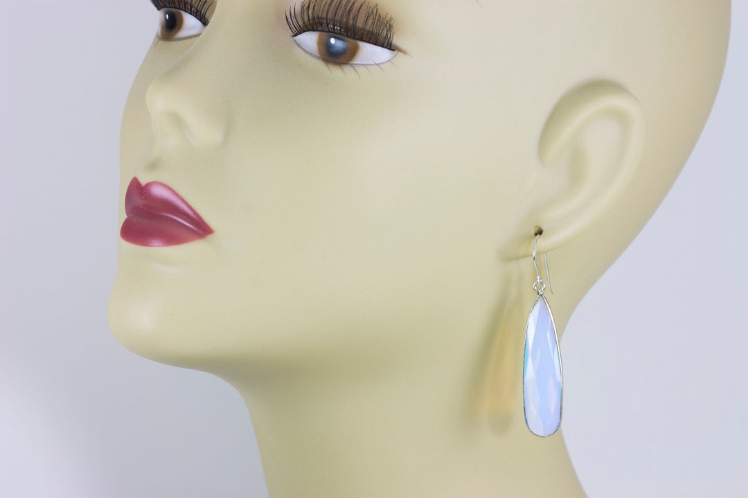 Opalite Earrings Faceted Long Pear Shaped Bezeled Teardrops 14k Solid Gold or Filled or Sterling Silver iridescent colors simple drops