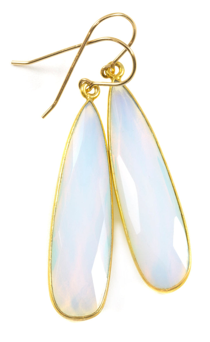 Opalite Earrings Faceted Long Pear Shaped Bezeled Teardrops 14k Solid Gold or Filled or Sterling Silver iridescent colors simple drops