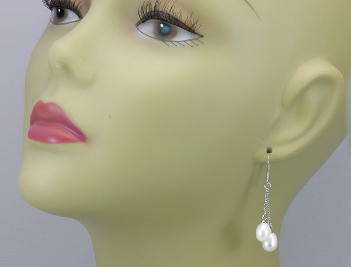 Pearl Earrings White or Peacock Black Potato Shape Double Hung Two Pearls Sterling Silver Ball Post Studs Simple Dainty Dangles 1.6 inches