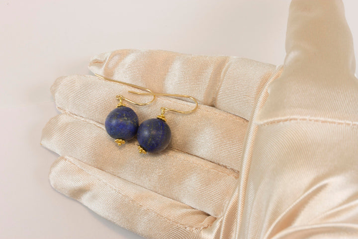 Blue Lapis Earrings Lazuli Natural Round Denim Matt Finish Drop Sterling Silver 14k solid gold or 14k Gold Filled Rich Beaded Accents