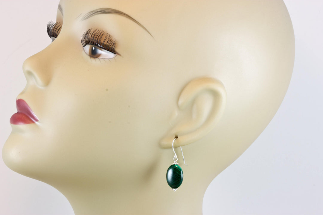 Malachite Earrings Green Oval shaped smooth Natural Dangle Drops Sterling Silver, 14k solid  gold or 14k Gold Filled simple design Striped