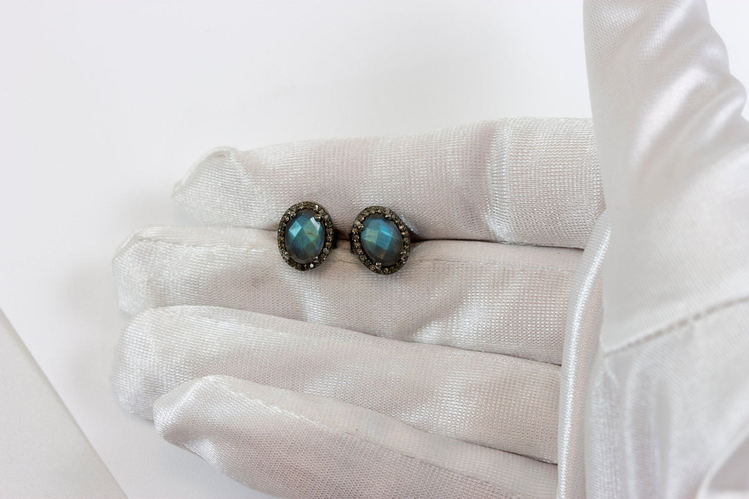 Labradorite Earrings Pave Diamond Surround Oval Post Studs Black Rhodium Plated Sterling Silver Butterfly
