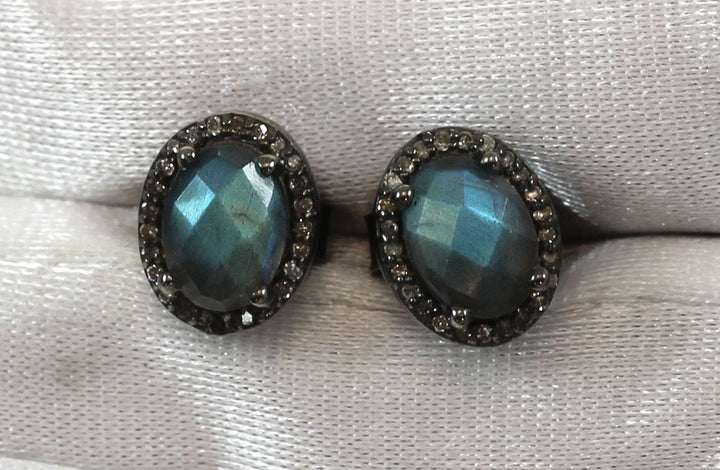 Labradorite Earrings Pave Diamond Surround Oval Post Studs Black Rhodium Plated Sterling Silver Butterfly