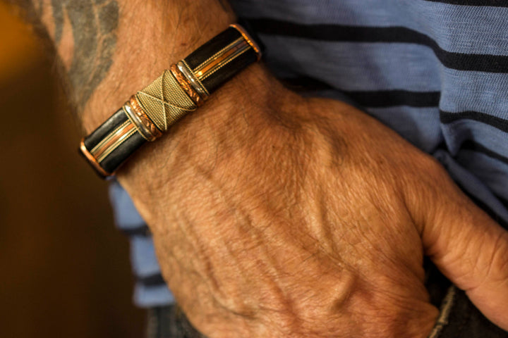 Leather Sterling Silver Bracelet Man's Cuff Adjustable for Men Copper Brass Wrapped Unique Mens Large Brown or Black High Quality 7 8  Inch