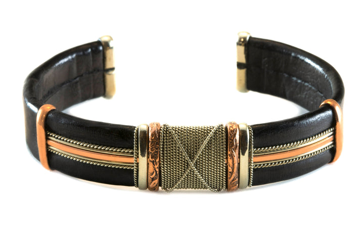 Leather Sterling Silver Bracelet Man's Cuff Adjustable for Men Copper Brass Wrapped Unique Mens Large Brown or Black High Quality 7 8  Inch