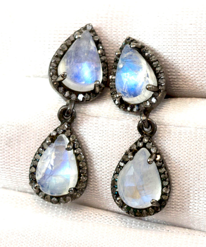 Rainbow Blue Moonstone Earrings Sterling Silver Faceted Teardrops Pave Set Diamond surround Double Hung Real Natural Drops Black Rhodium