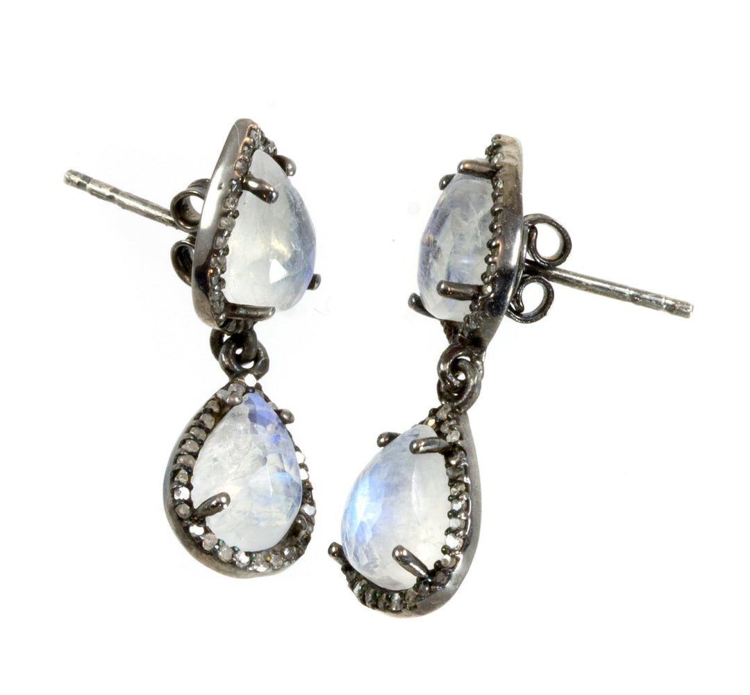 Rainbow Blue Moonstone Earrings Sterling Silver Faceted Teardrops Pave Set Diamond surround Double Hung Real Natural Drops Black Rhodium