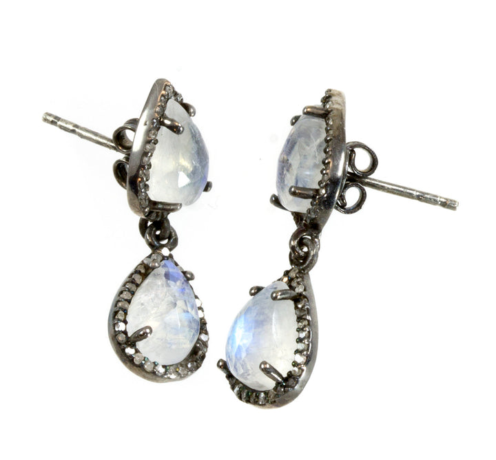 Rainbow Blue Moonstone Earrings Sterling Silver Faceted Teardrops Pave Set Diamond surround Double Hung Real Natural Drops Black Rhodium