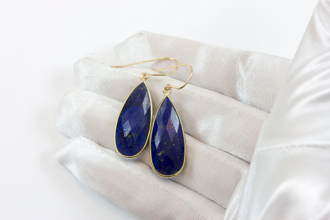 Lapis Lazuli Earrings 14k yellow gold or fill Natural Blue Bezel Long Facet Teardrop Simple Drops 1.7 or 1.4 Inch Classic Drops Pyrite Fleck