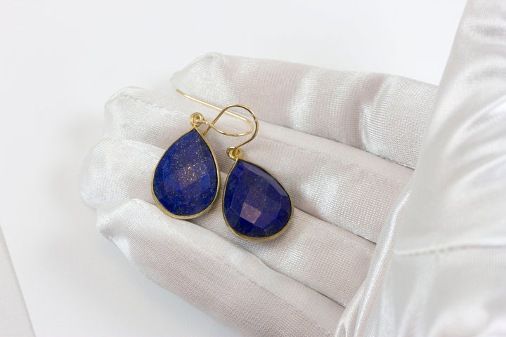 Lapis Lazuli Earrings 14k solid gold or fill Natural Blue Bezel Large Faceted Teardrop Simple Drops 1.4  Inches Classic Drops Pyrite Flecks