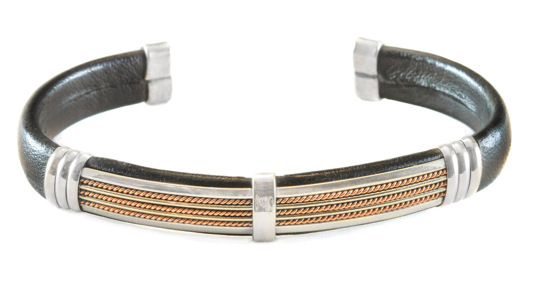 Leather Sterling Silver Bracelet Man's Cuff Adjustable for Men Brass Wrapped Unique Mens Medium Brown or Black High Quality 8 9 Inch