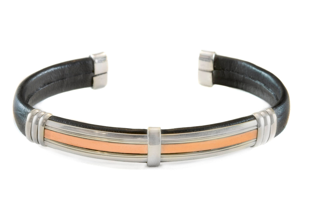 Leather Sterling Silver Bracelet Man's Cuff Adjustable for Men Brass Wrapped Unique Mens Medium Brown or Black High Quality 8 9 Inch