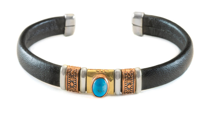 Leather Sterling Silver Bracelet Man's Womens Cuff Adjustable Copper Brass Wrapped Unique Blue Turquoise or Lapis Black Quality 8 9 Inch