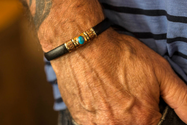 Leather Sterling Silver Bracelet Man's Womens Cuff Adjustable Copper Brass Wrapped Unique Blue Turquoise or Lapis Black Quality 8 9 Inch