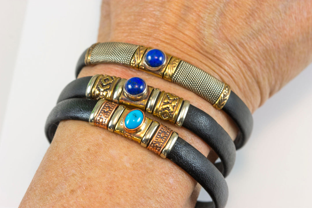 Leather Sterling Silver Bracelet Man's Womens Cuff Adjustable Copper Brass Wrapped Unique Blue Turquoise or Lapis Black Quality 8 9 Inch