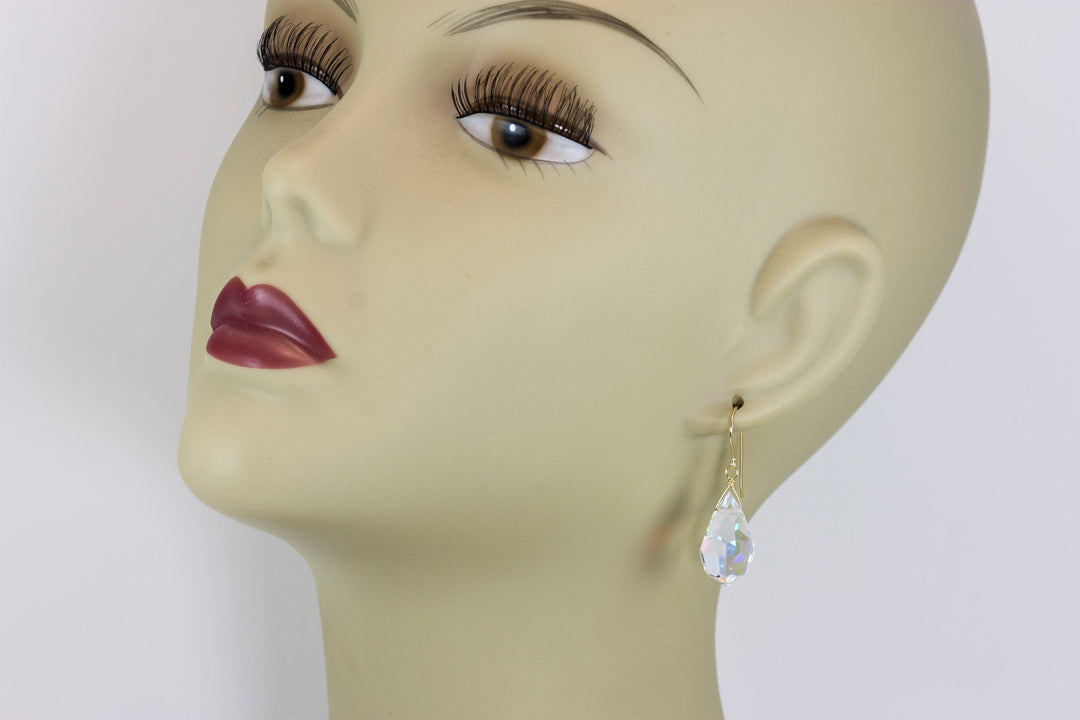 Crystal Clear Mystic Earrings Large Fat Faceted Teardrop Drops 14k Solid Gold or Filled or Sterling Silver Briolettes Rainbow Color Simple