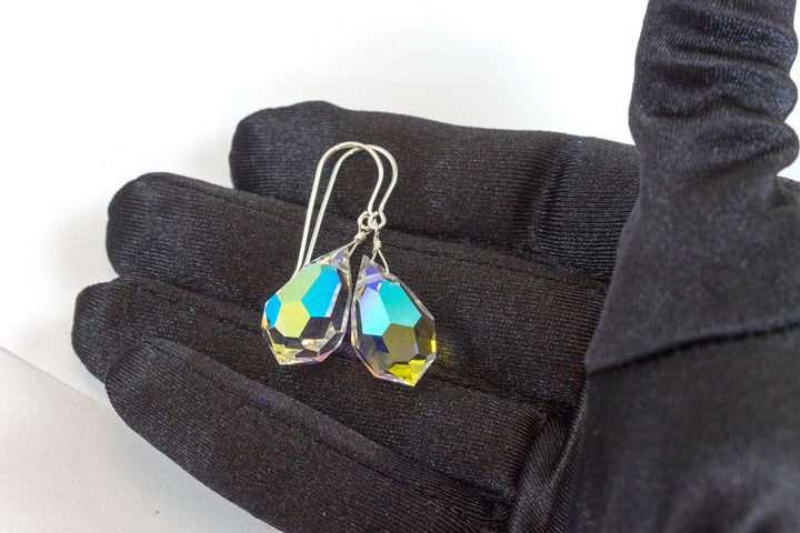 Crystal Clear Mystic Earrings Large Fat Faceted Teardrop Drops 14k Solid Gold or Filled or Sterling Silver Briolettes Rainbow Color Simple